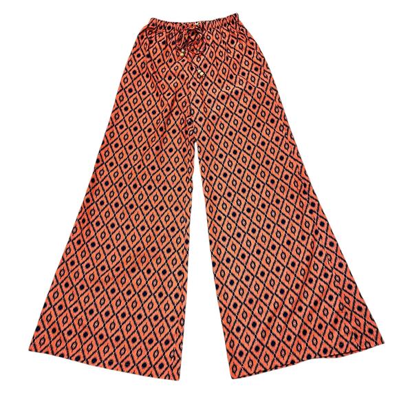 Miss Me Wide Leg Palazzo Pants S Coral Black Ikat Aztec Drawstring Waist Resort - Picture 1 of 16